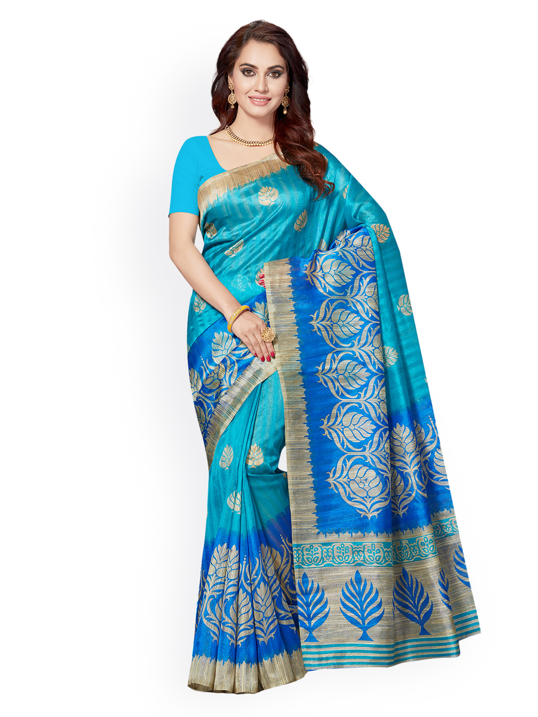 Ishin Blue Art Silk Printed Bhagalpuri Saree Price in India
