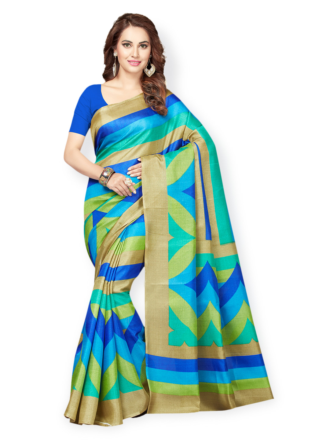 Ishin Blue Printed Bhagalpuri Art Silk Saree Price in India
