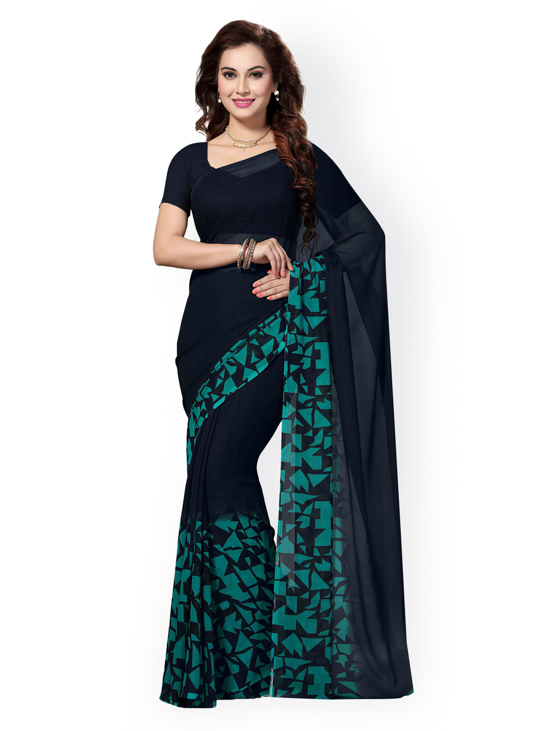 Ishin Navy Faux Georgette Printed Saree Price in India