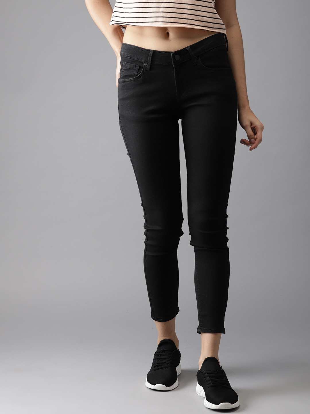 HERE&NOW Women Black Skinny Fit Mid-Rise Clean Look Stretchable Cropped Jeans Price in India