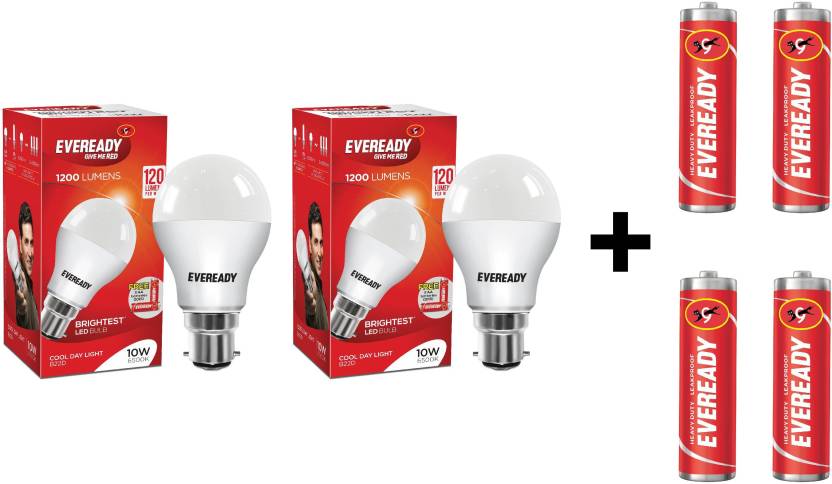 Eveready 10W LED Bulb Pack of 2 with Free 4 Batteries  (White, Pack of 2) Price in India