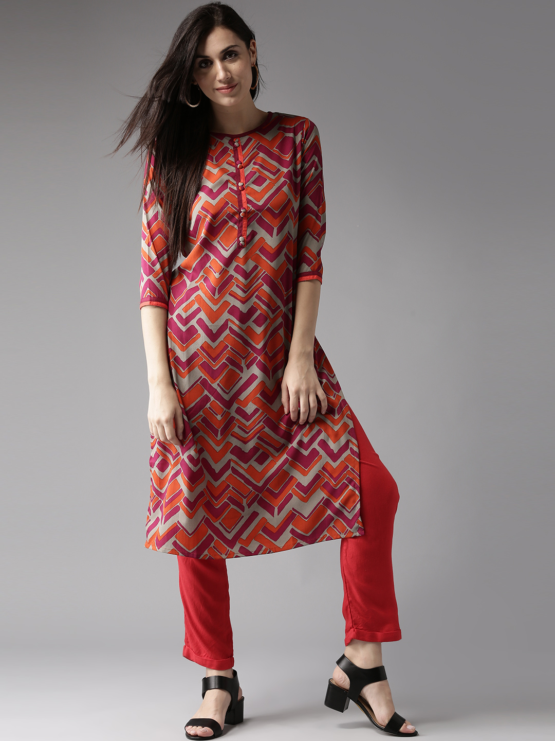 HERE&NOW Women Orange & Grey Printed Straight Kurta Price in India