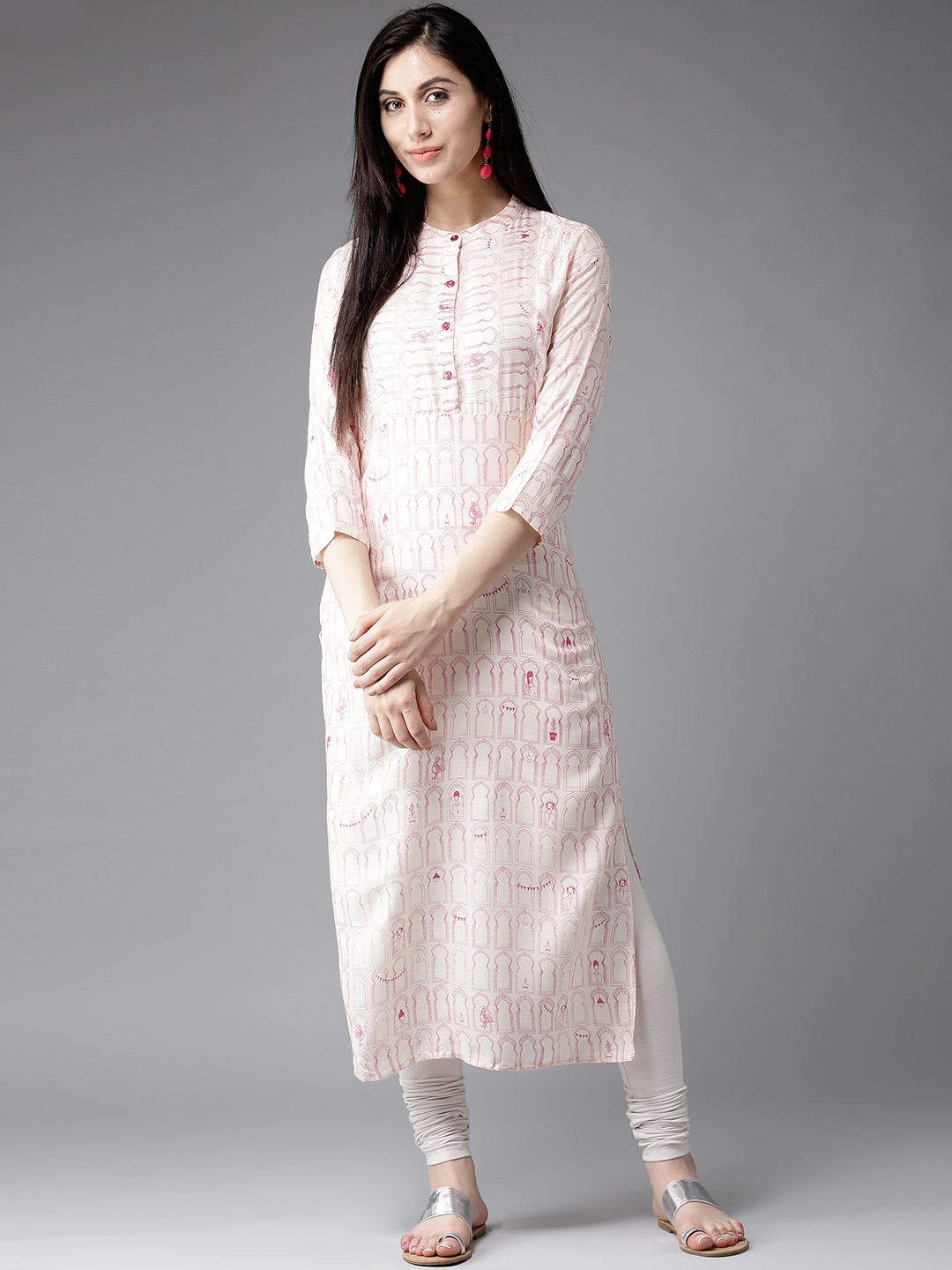 HERE&NOW Women Off-White & Pink Printed Straight Kurta Price in India