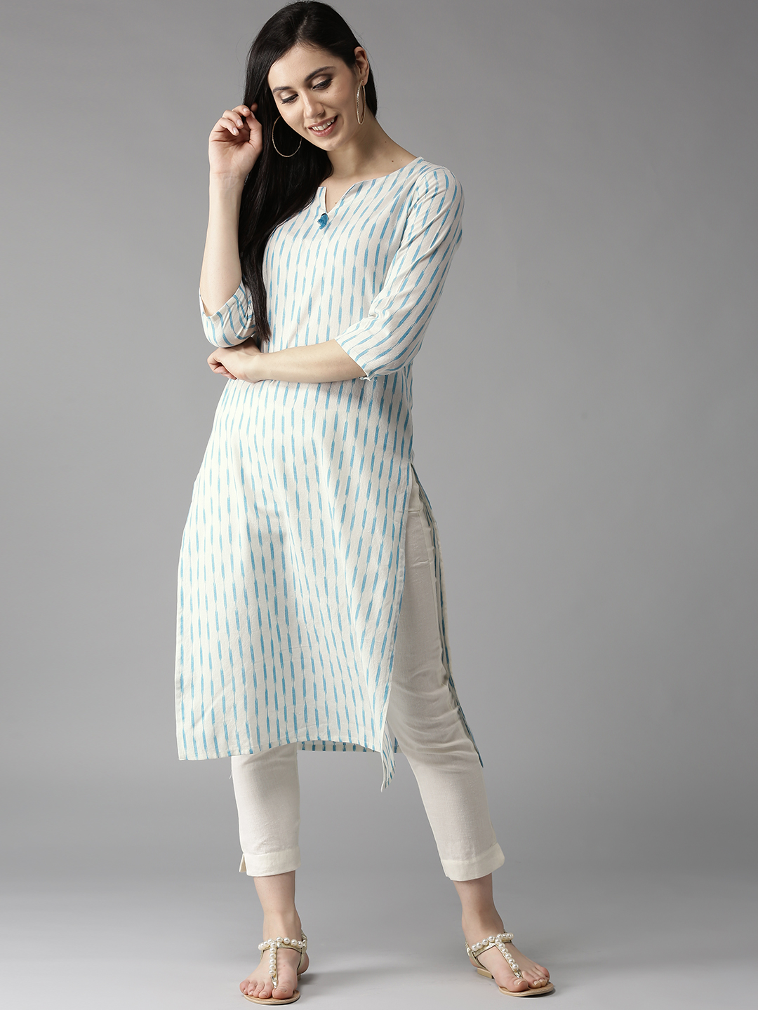 HERE&NOW Women White & Turquoise Blue Ikat Print Straight Kurta Price in India