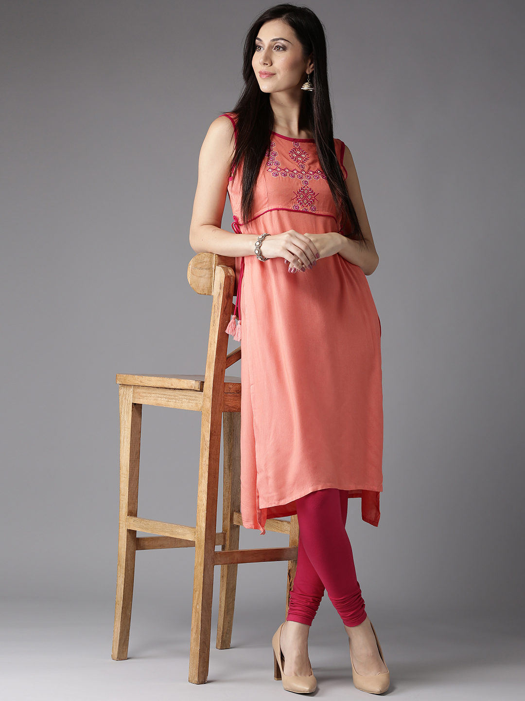 HERE&NOW Women Peach-Coloured Embroidered Detail Straight Kurta Price in India