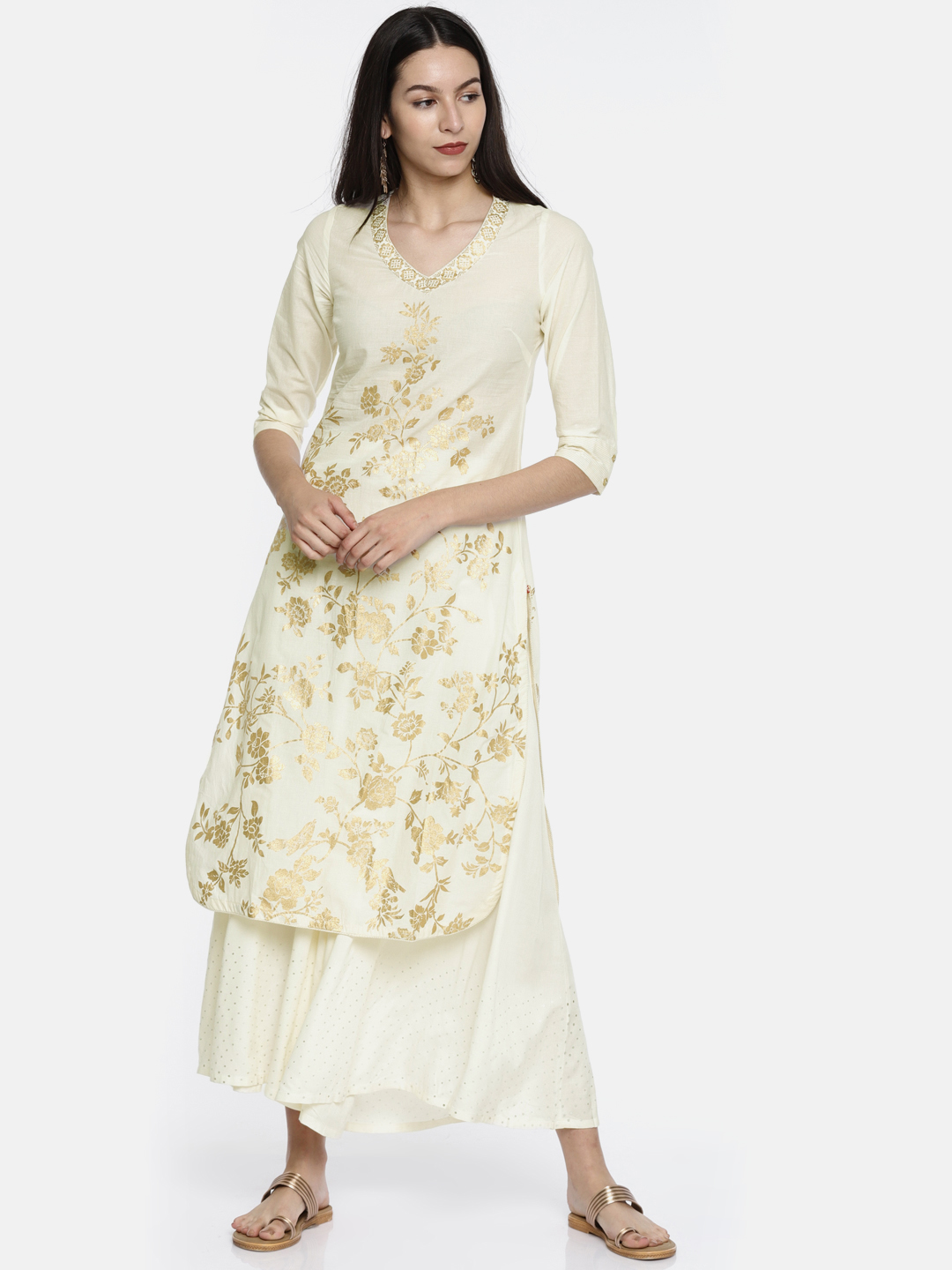 Biba Women Off-White & Golden Printed Straight Kurta Price in India