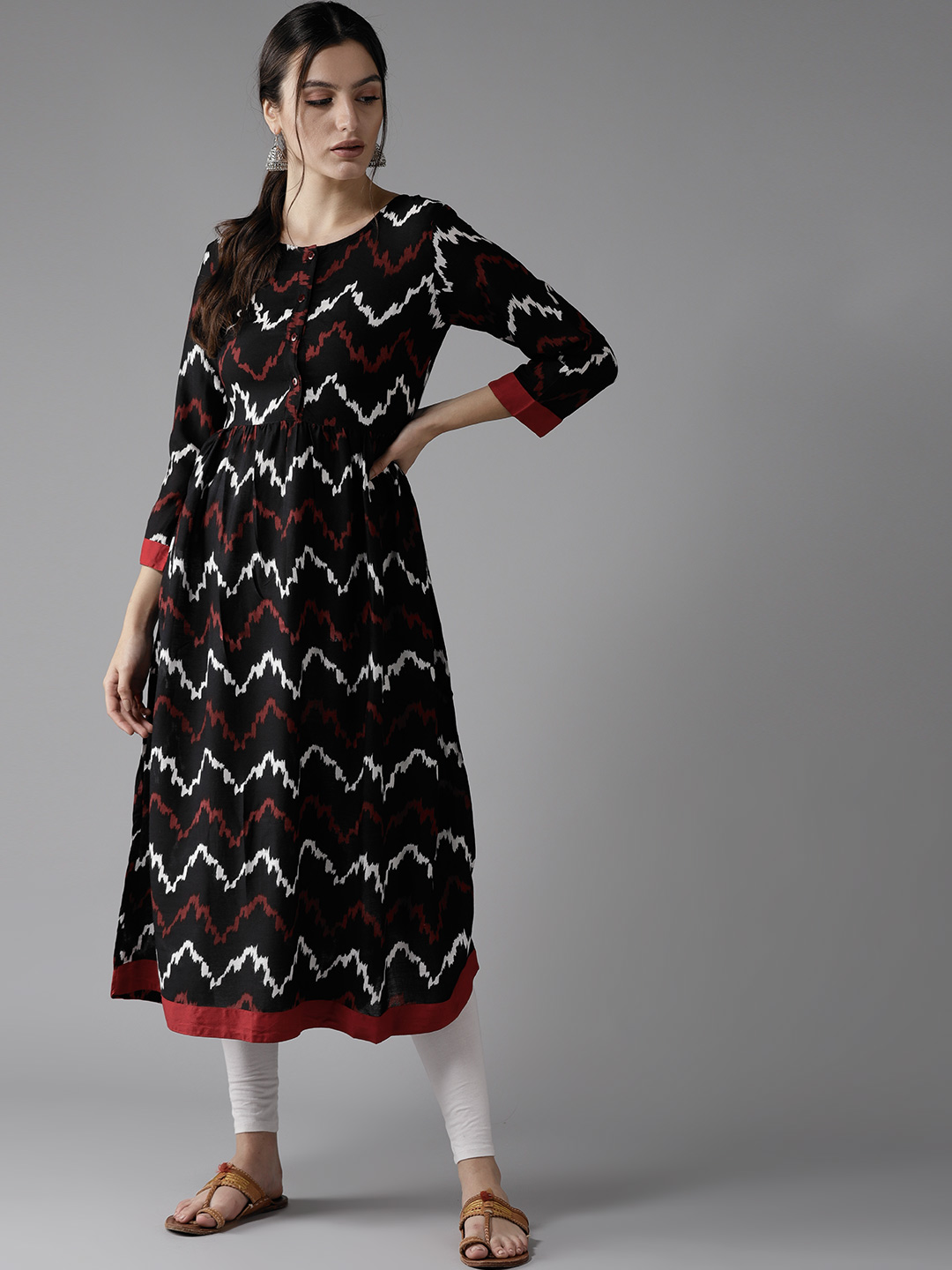 HERE&NOW Women Black & Red Printed A-Line Kurta Price in India