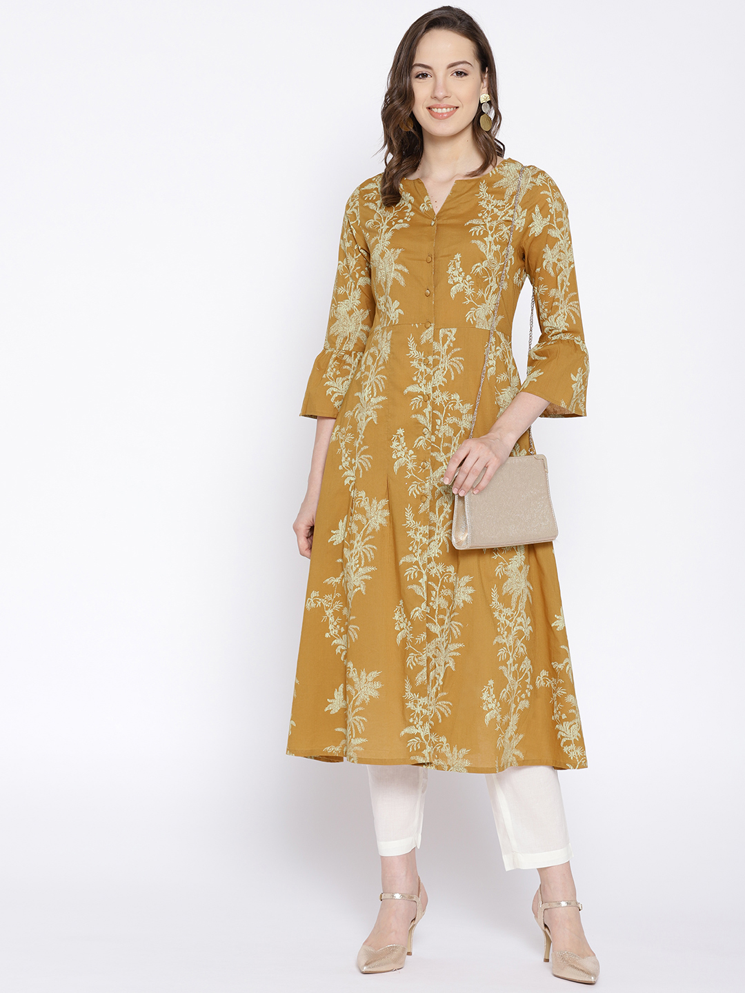 all about you Women Mustard Brown & Beige Printed A-Line Kurta Price in India
