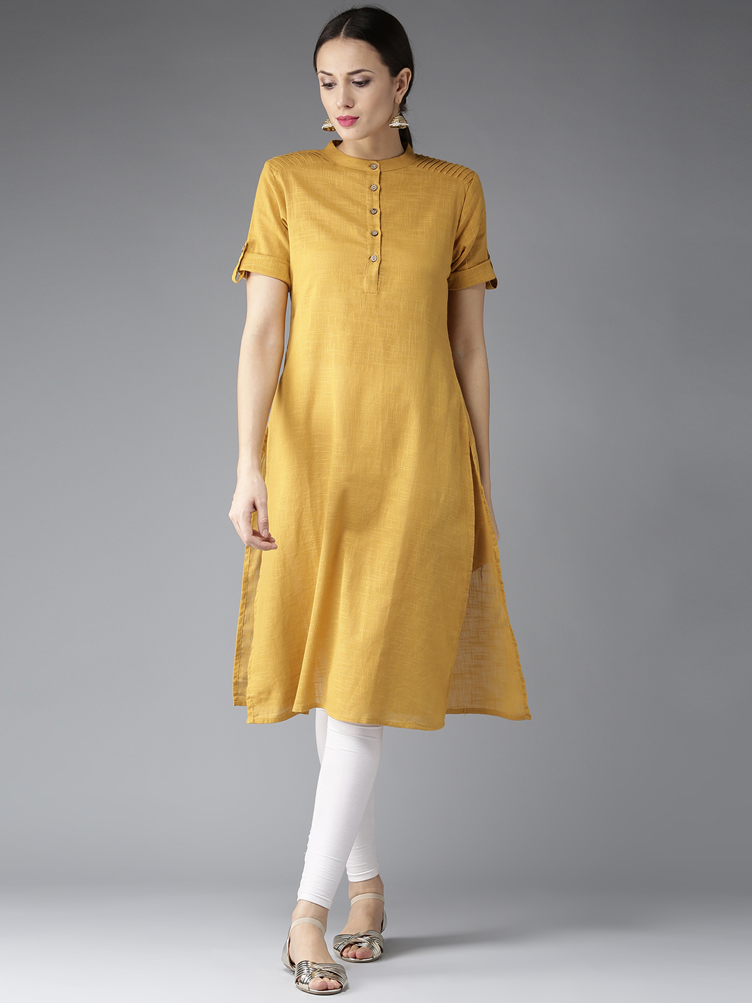 HERE&NOW Women Mustard Yellow Solid Straight Kurta Price in India