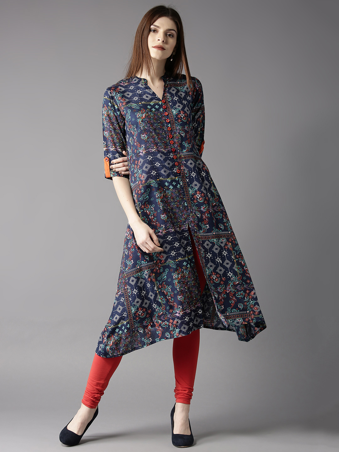 HERE&NOW Women Navy Blue & Orange Printed A-Line Kurta Price in India