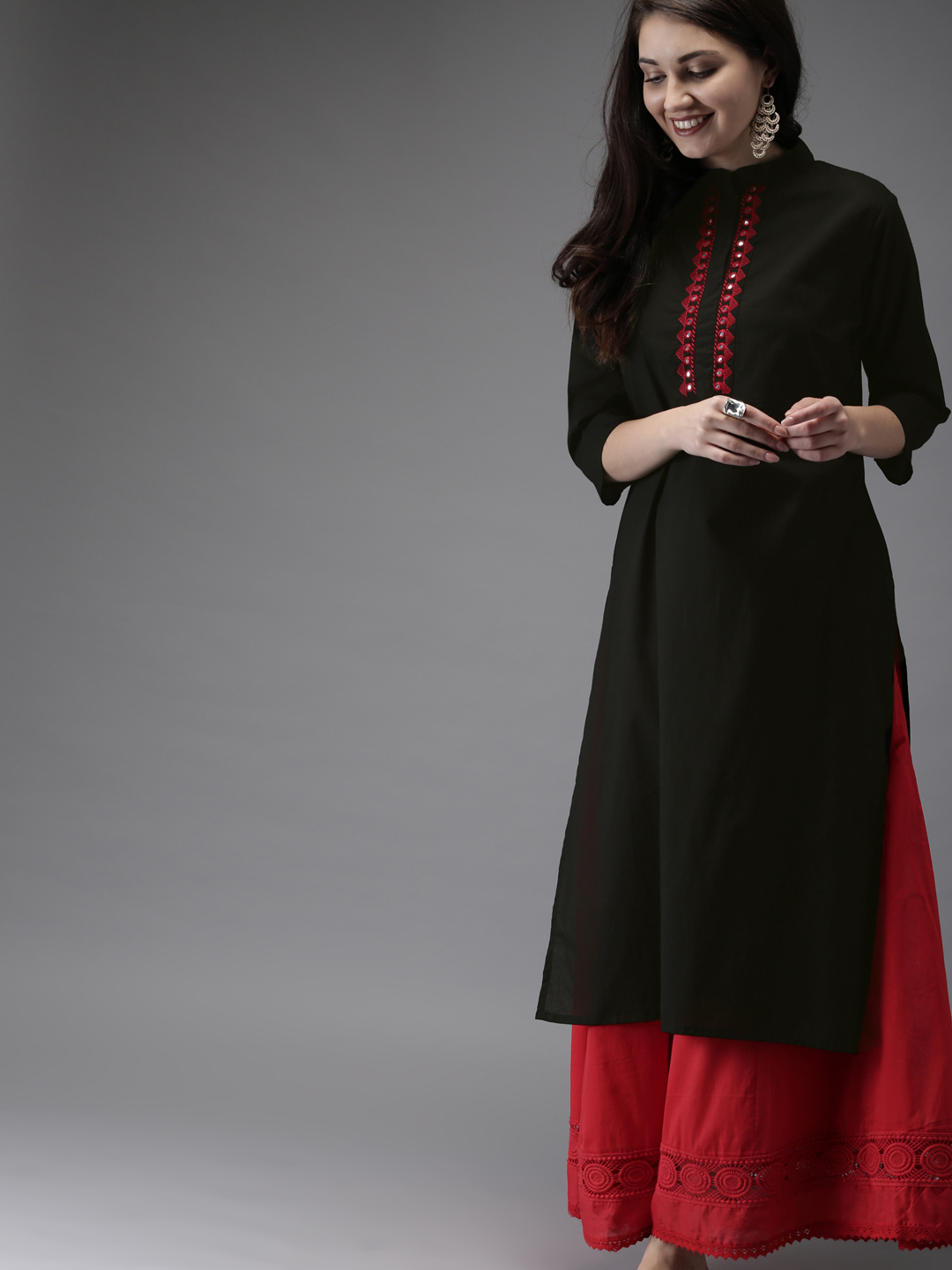 HERE&NOW Women Black Solid A-Line Kurta Price in India