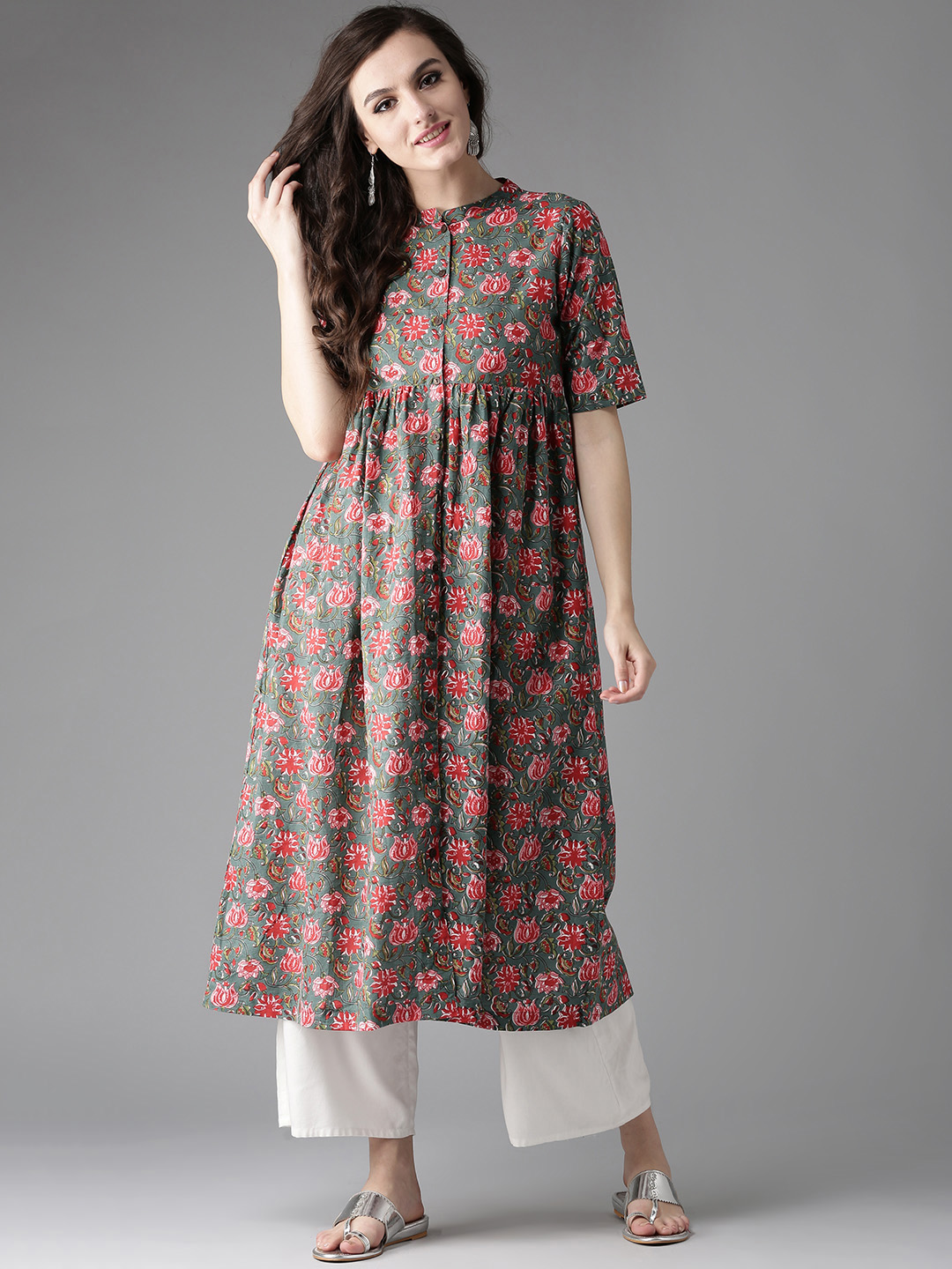 HERE&NOW Women Green & Red Printed A-Line Kurta Price in India
