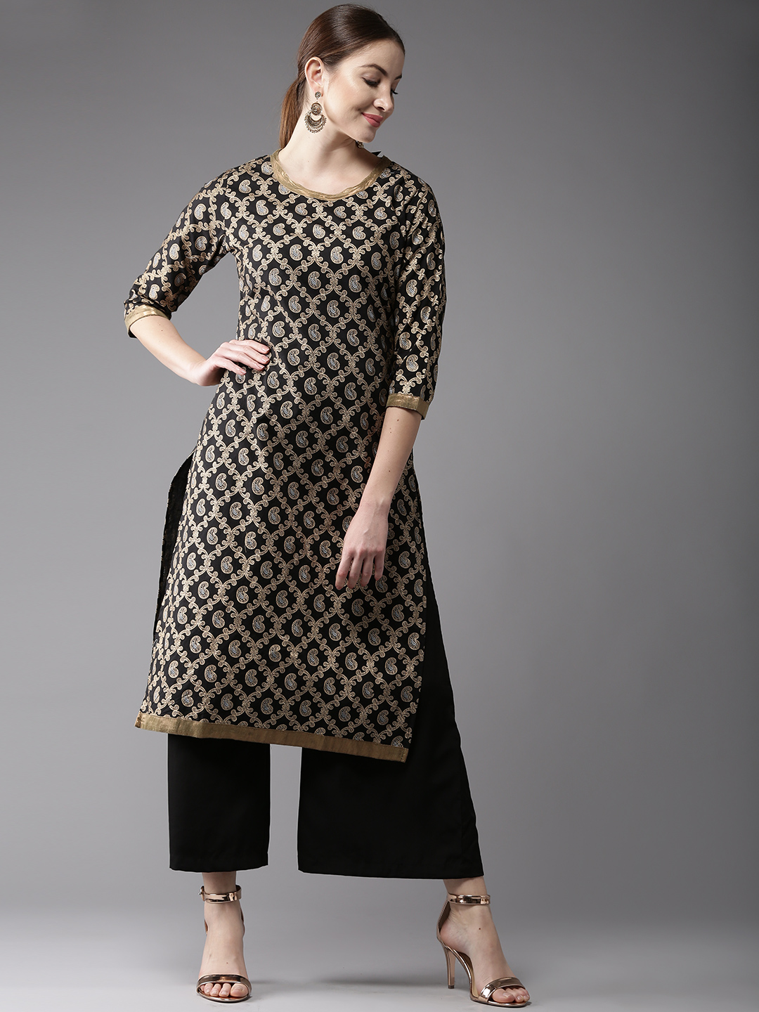 HERE&NOW Women Black & Golden Printed Straight Kurta Price in India