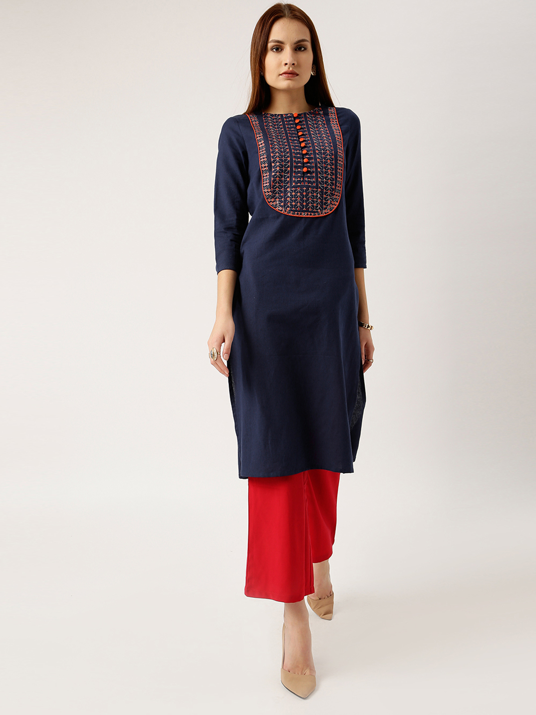 all about you from Deepika Padukone Navy Solid Straight Embroidered Kurta Price in India