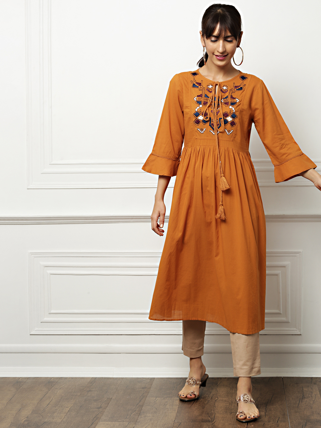 all about you from Deepika Padukone Women Rust Orange Yoke Design A-Line Embroidered Kurta Price in India