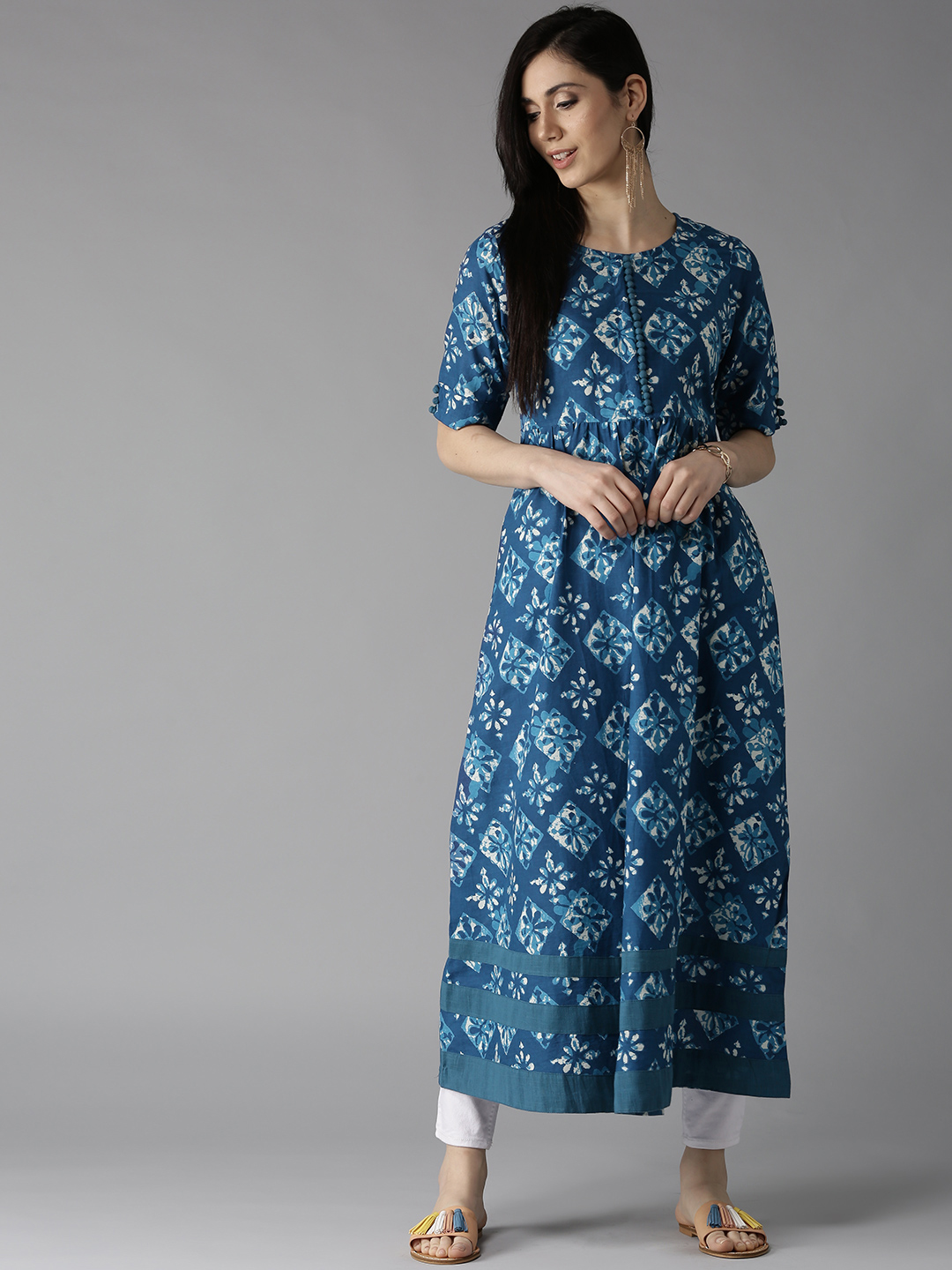 HERE&NOW Women Blue & Off-White Printed A-Line Kurta Price in India