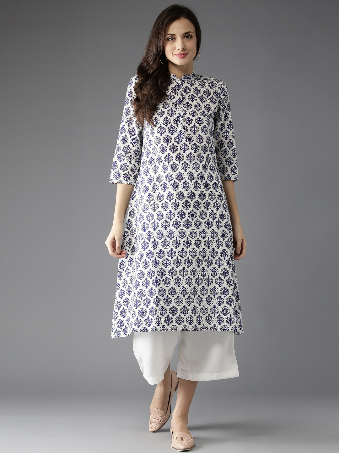 HERE&NOW Women White & Navy Printed A-Line Kurta Price in India