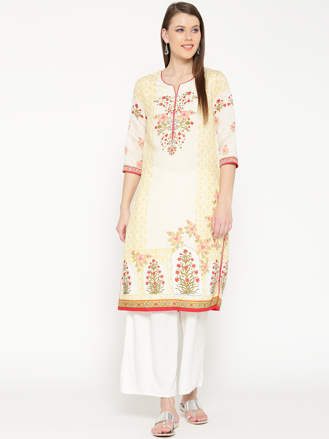 Biba Women Off-White & Yellow Printed Straight Kurta Price in India