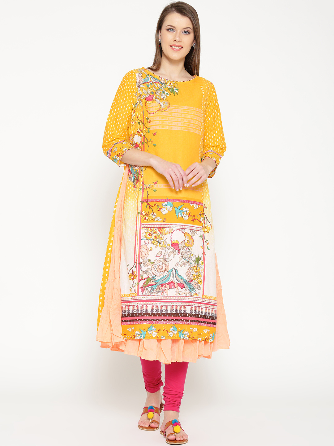 Biba Women Yellow & Peach-Coloured Printed Straight Kurta Price in India