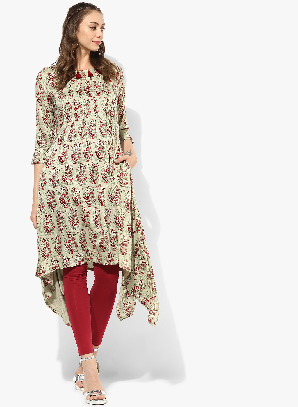 Round Neck Pleated Yoke Printed Hi-Low Hem Flared Kurta With 3/4Th Rolled Up Sleeves Price in India
