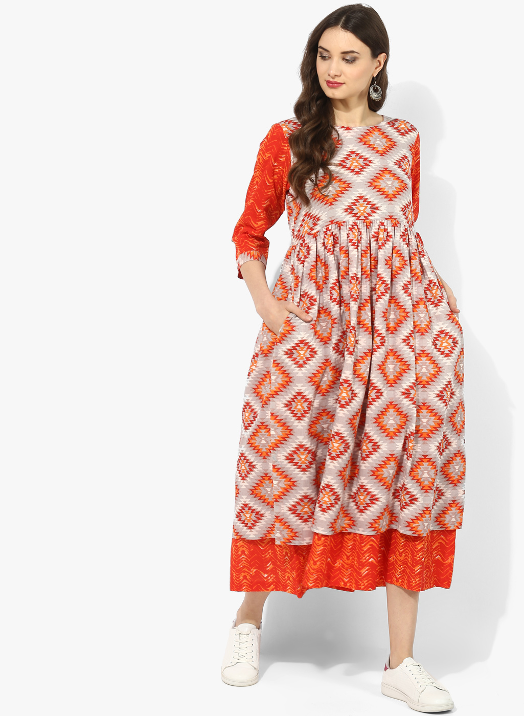 Round Neck 3/4Th Sleeves Printed Layered Anarkali Price in India