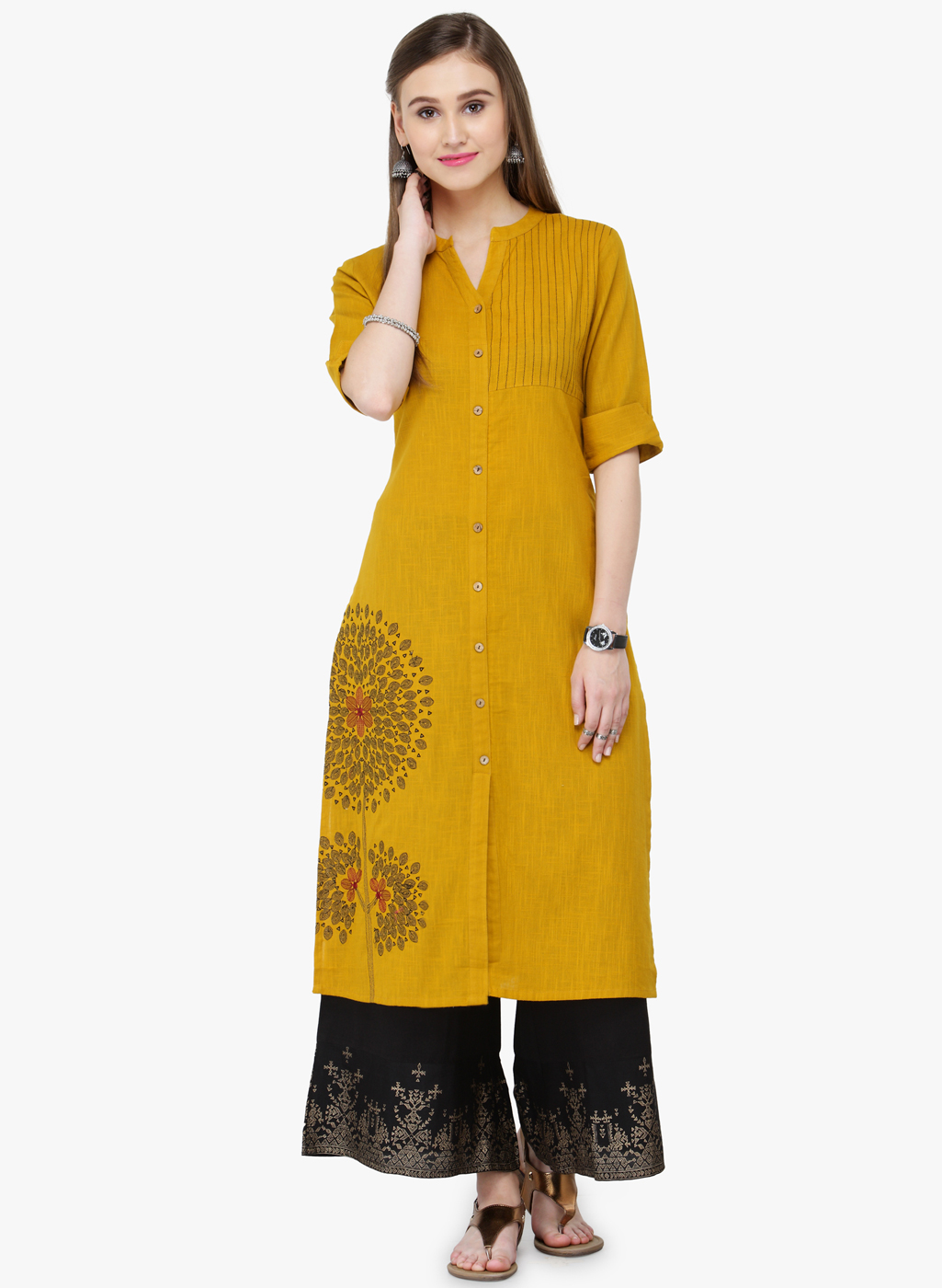 Mustard Yellow Printed Kurta Price in India