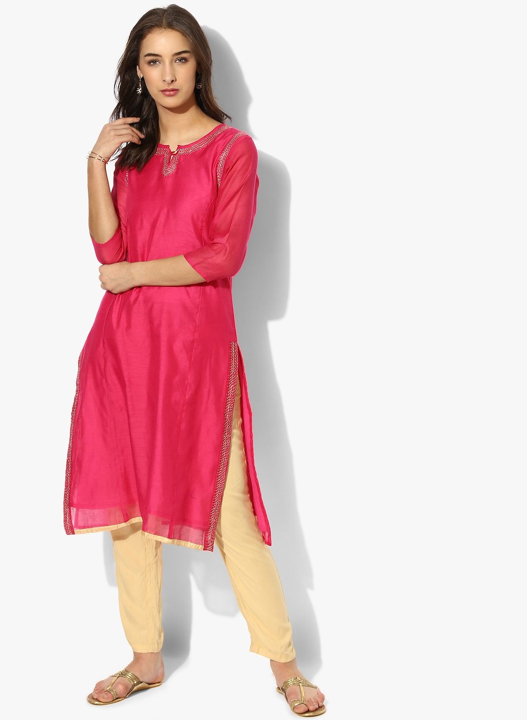 Round Neck Embroidered Chanderi Straight Fit Kurta With 3/4Th Sleeves Price in India