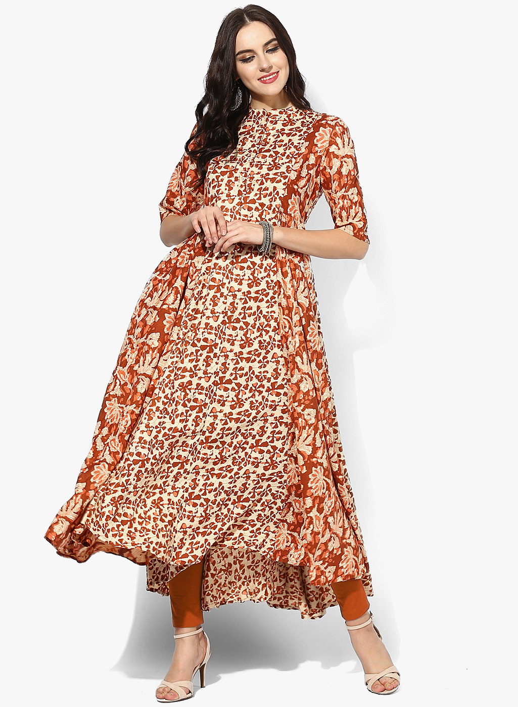 Band Collar Elbow Sleeves Printed Flared Anarkali With Front Half Functional Placket Price in India