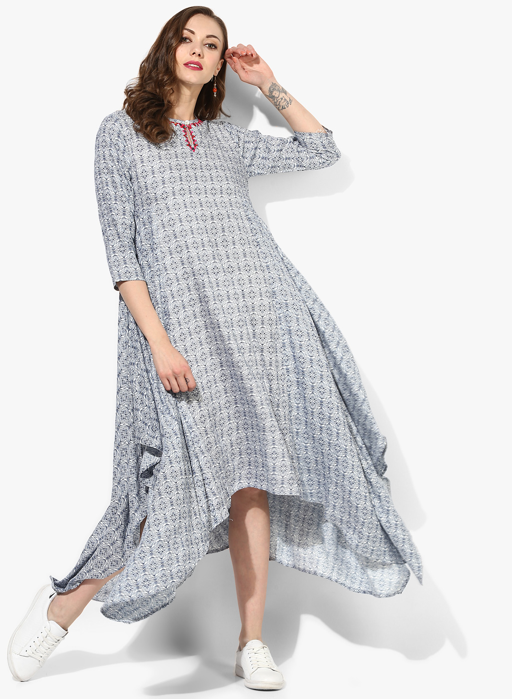 Henley Neck 3/4Th Sleeves Rayon Printed Panelled Flared Kurta With Hi-Low Hem And Mirror De3tail Price in India