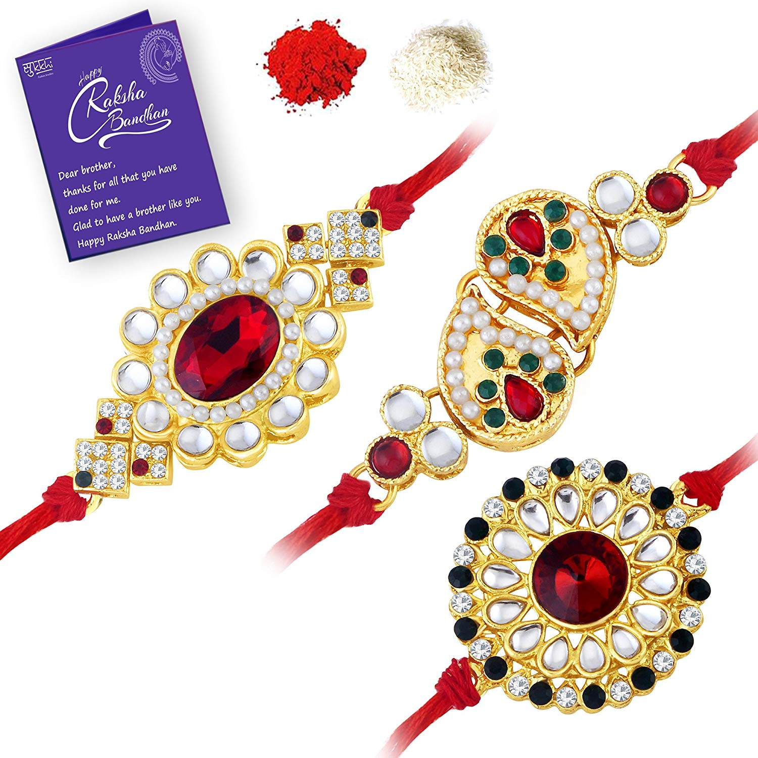 Sukkhi Resplendent Gold Plated Kundan Rakhi Combo (Set of 3) with Roli Chawal and Raksha Bandhan Greeting Card for Men Price in India