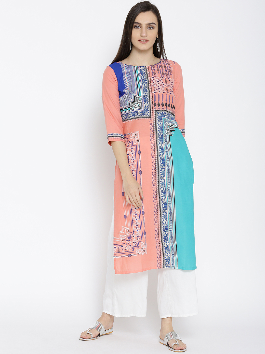 AURELIA Women Peach-Coloured & Blue Printed Straight Kurta Price in India