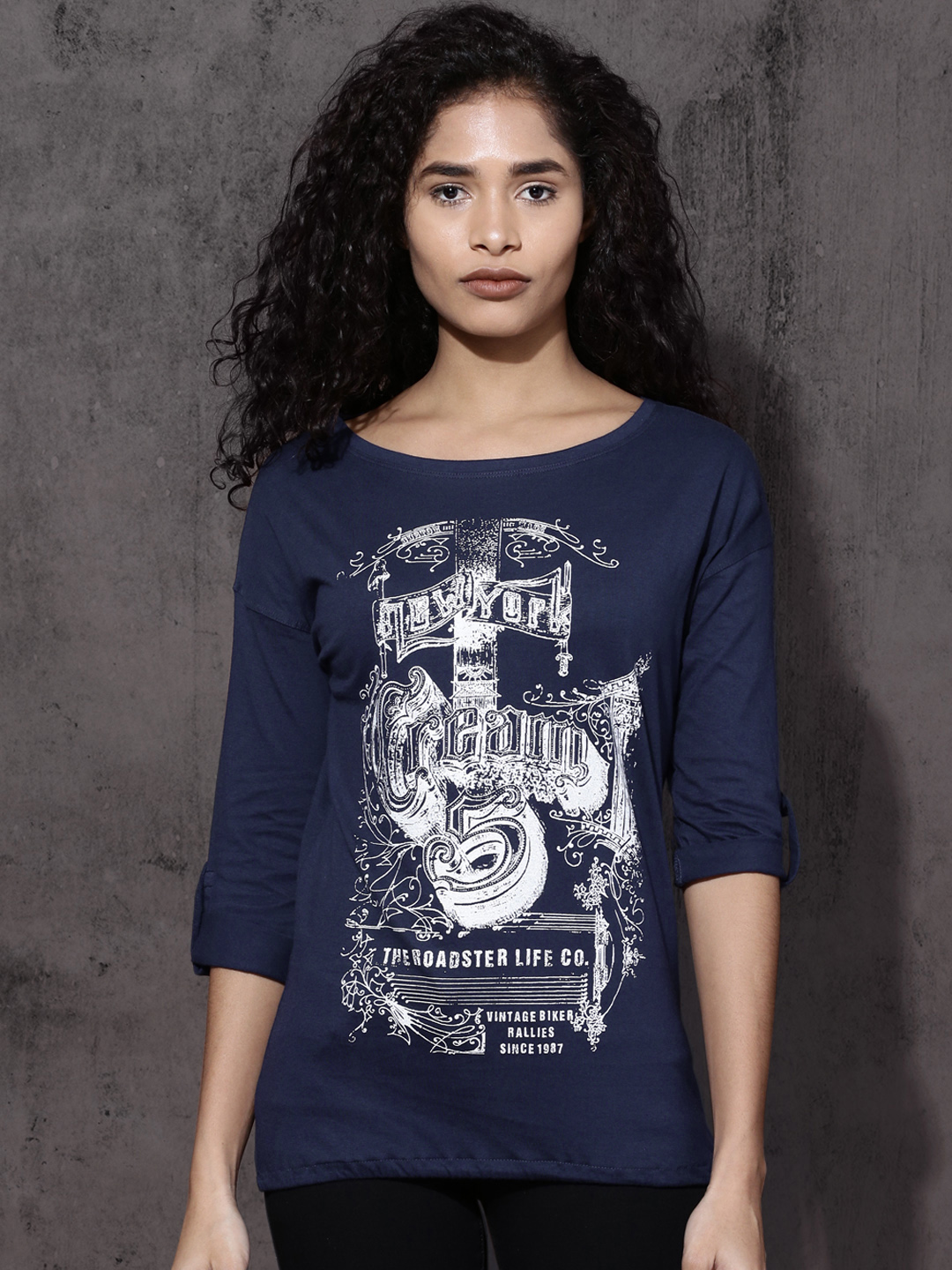 Roadster Women Navy Blue Printed Round Neck T-shirt Price in India