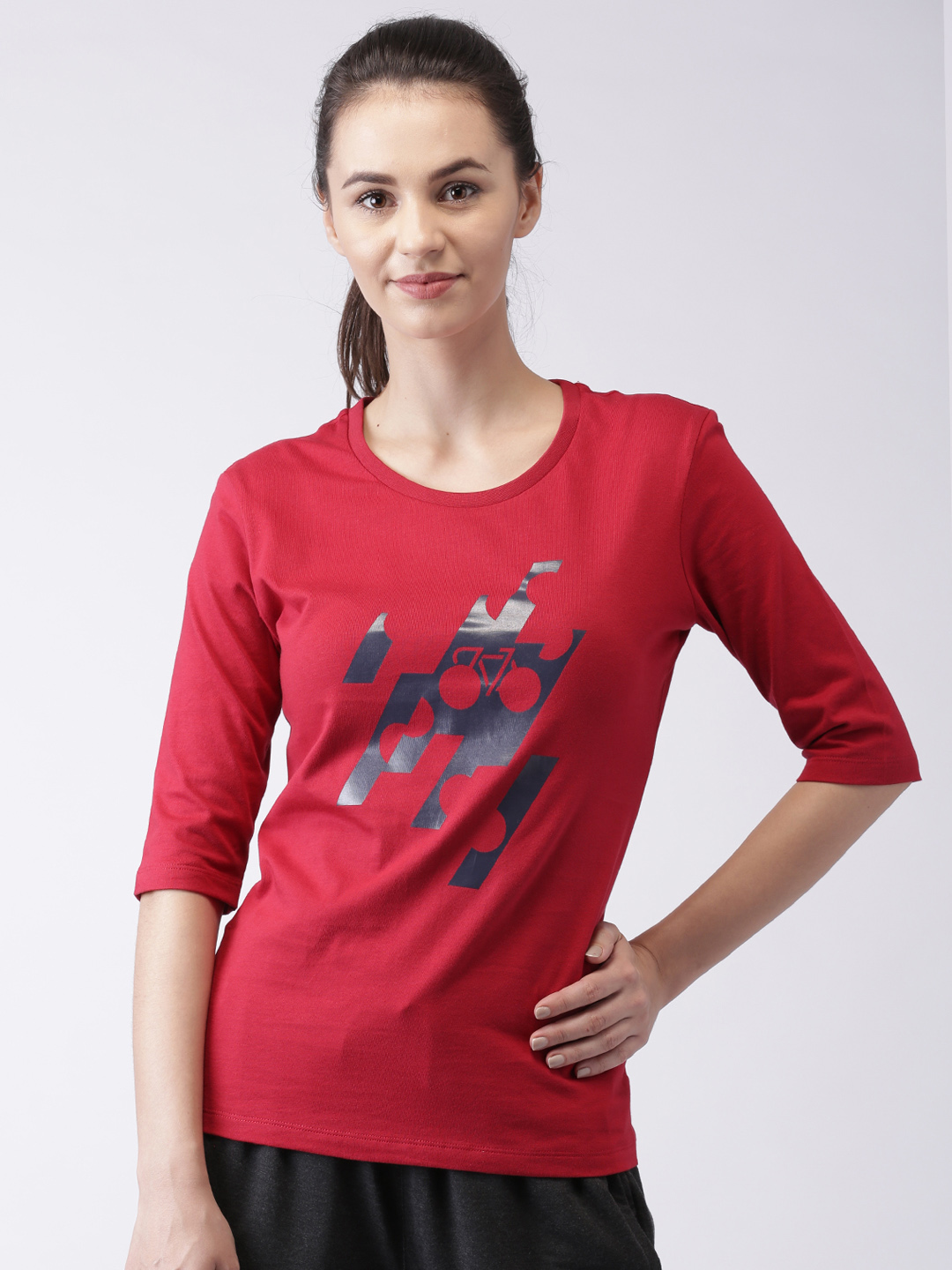 2GO Women Red Printed Round Neck T-shirt Price in India