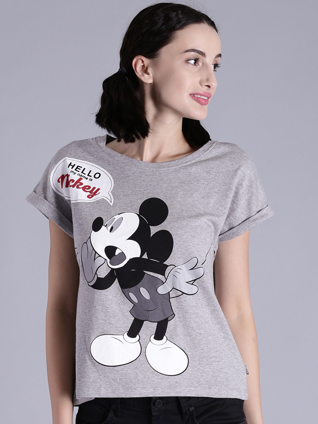 Kook N Keech Disney Women Grey Melange Printed Round Neck T-shirt Price in India