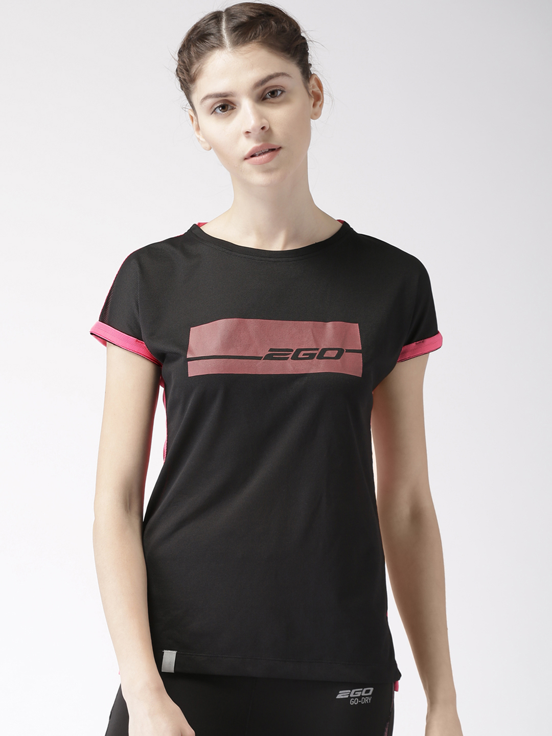 2GO Women Black & Neon Pink Printed Round Neck T-shirt Price in India