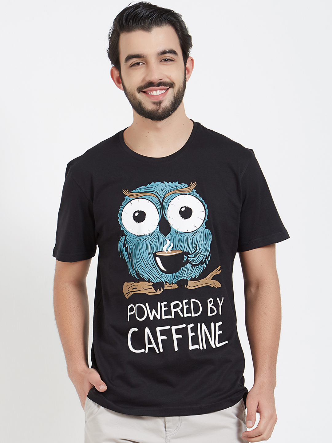 The Souled Store Unisex Black Caffeine Addict Printed Round Neck T-Shirt Price in India