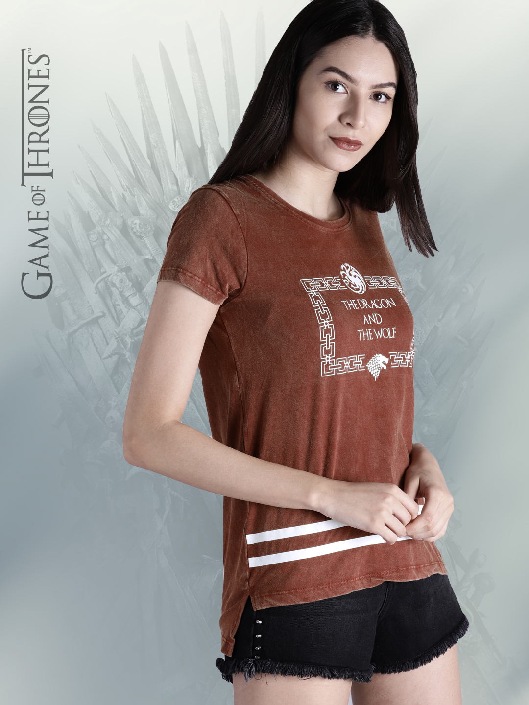 Game of Thrones by Kook N Keech Women Maroon Printed Round Neck High-Low T-shirt Price in India