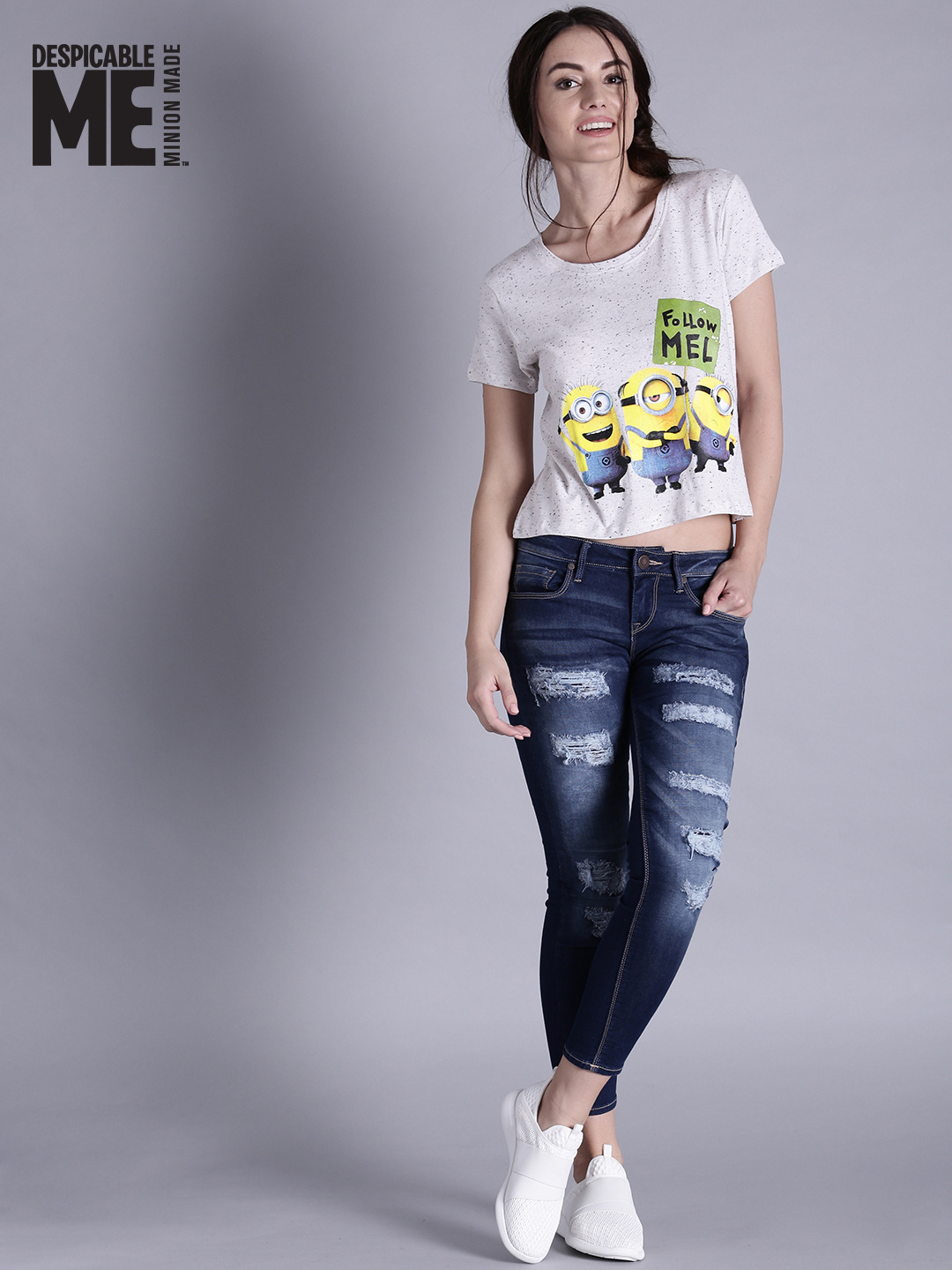 Minions by Kook N Keech Women Grey Printed Round Neck Crop T-shirt Price in India