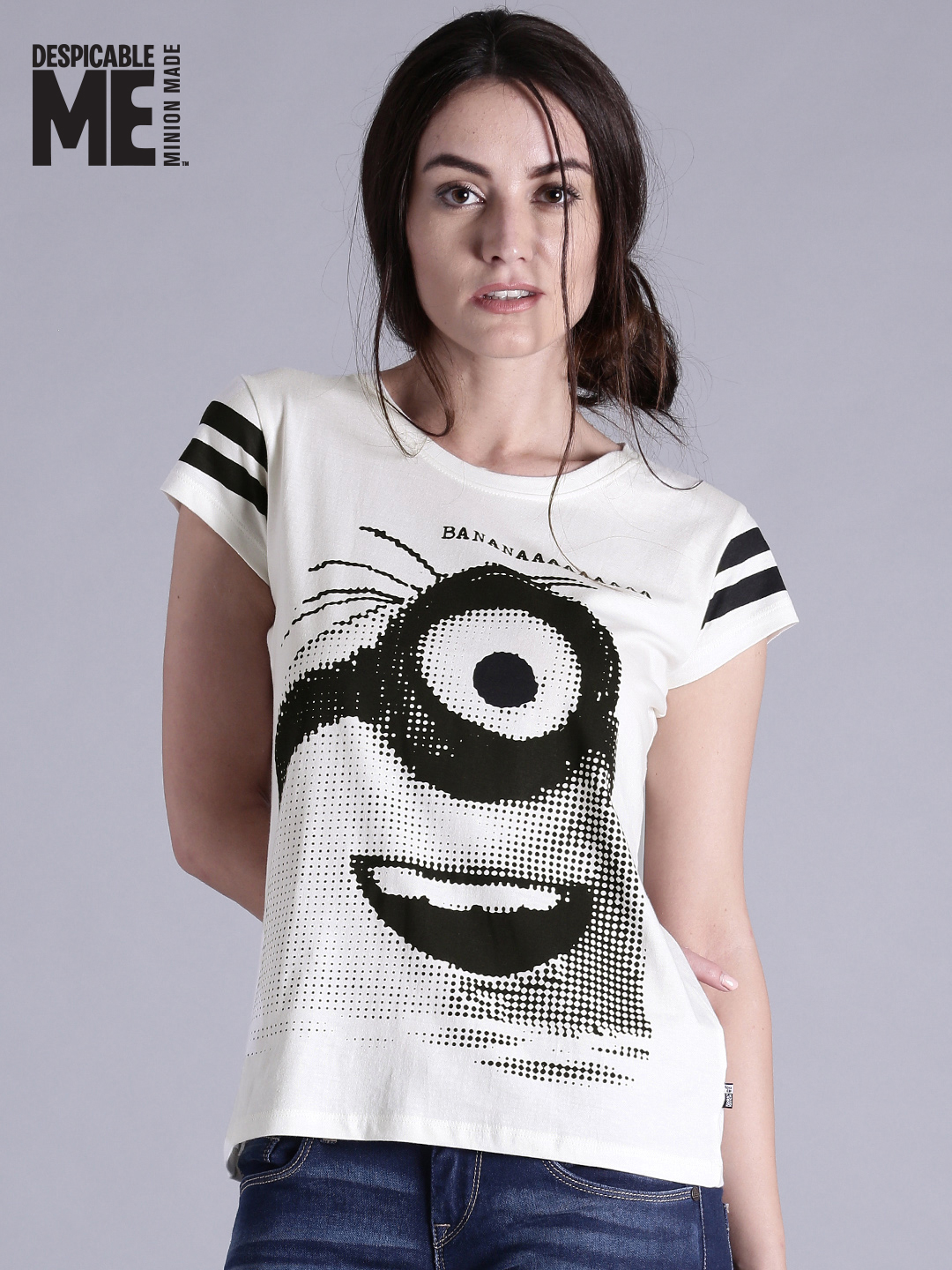 Minions by Kook N Keech Women Off-White & Black Printed Round Neck T-shirt Price in India