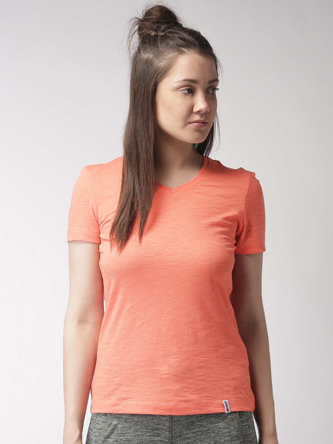 2GO Peach-Coloured Solid V-Neck T-shirt Price in India