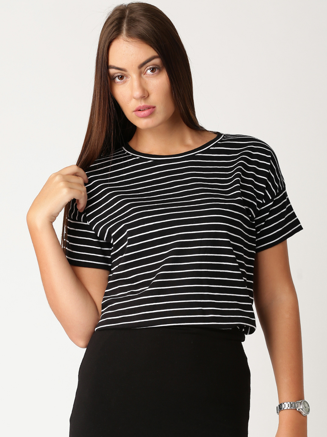 ETHER Black & White Striped T-shirt Price in India