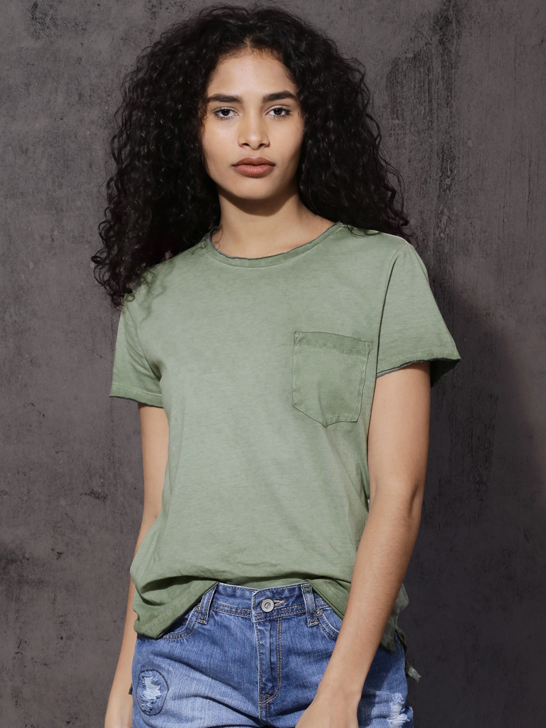 Roadster Women Olive Green Washed Round Neck T-shirt Price in India