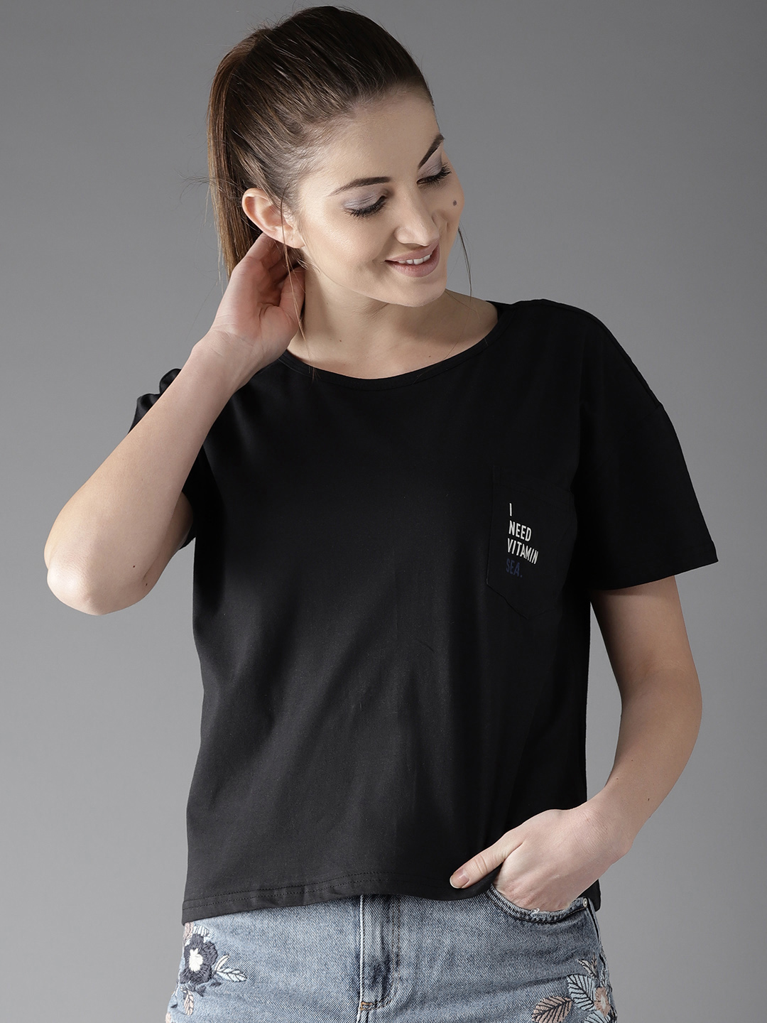 Moda Rapido Women Black Solid Round Neck T-shirt Price in India