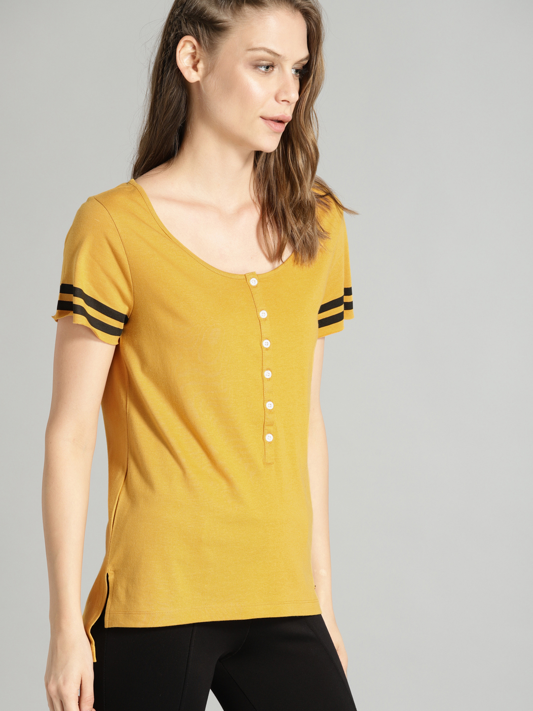 Roadster Women Mustard Yellow Solid T-shirt Price in India