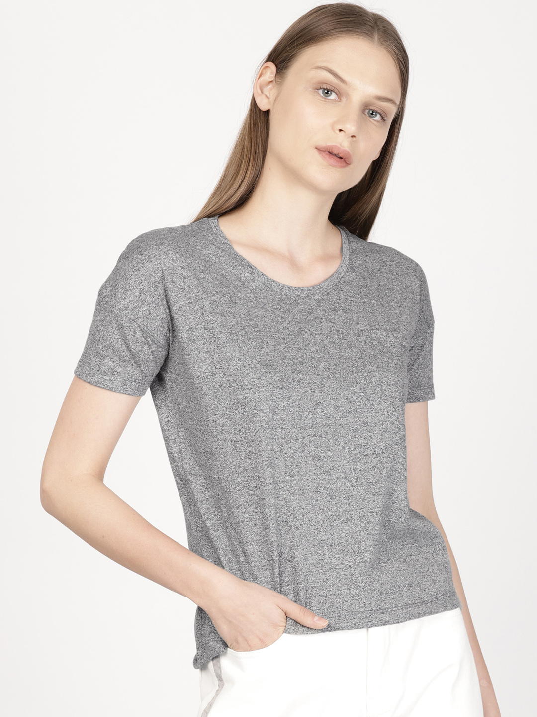 ether Women Grey Melange Solid Round Neck T-shirt Price in India