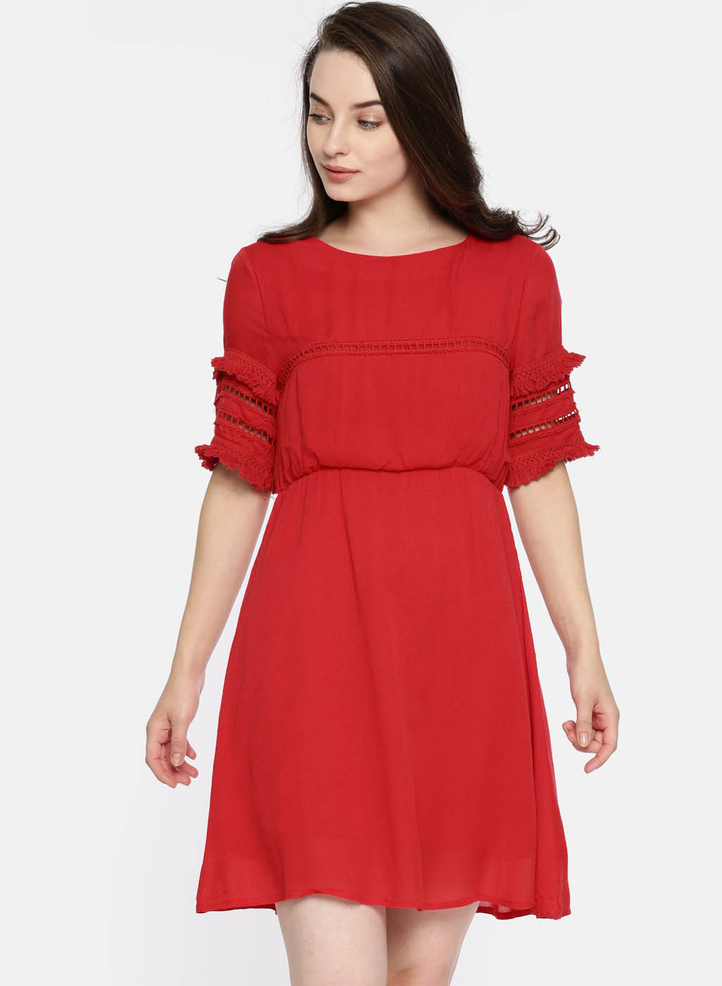 Red Solid Blouson Dress Price in India