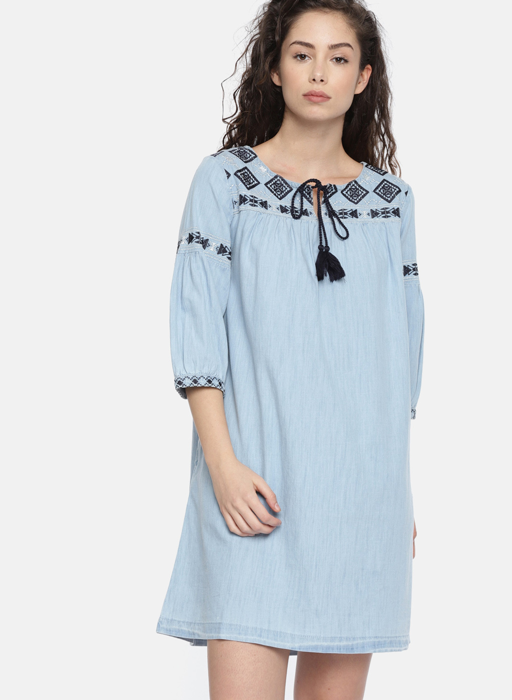 Blue Solid Sheath Denim Dress Price in India