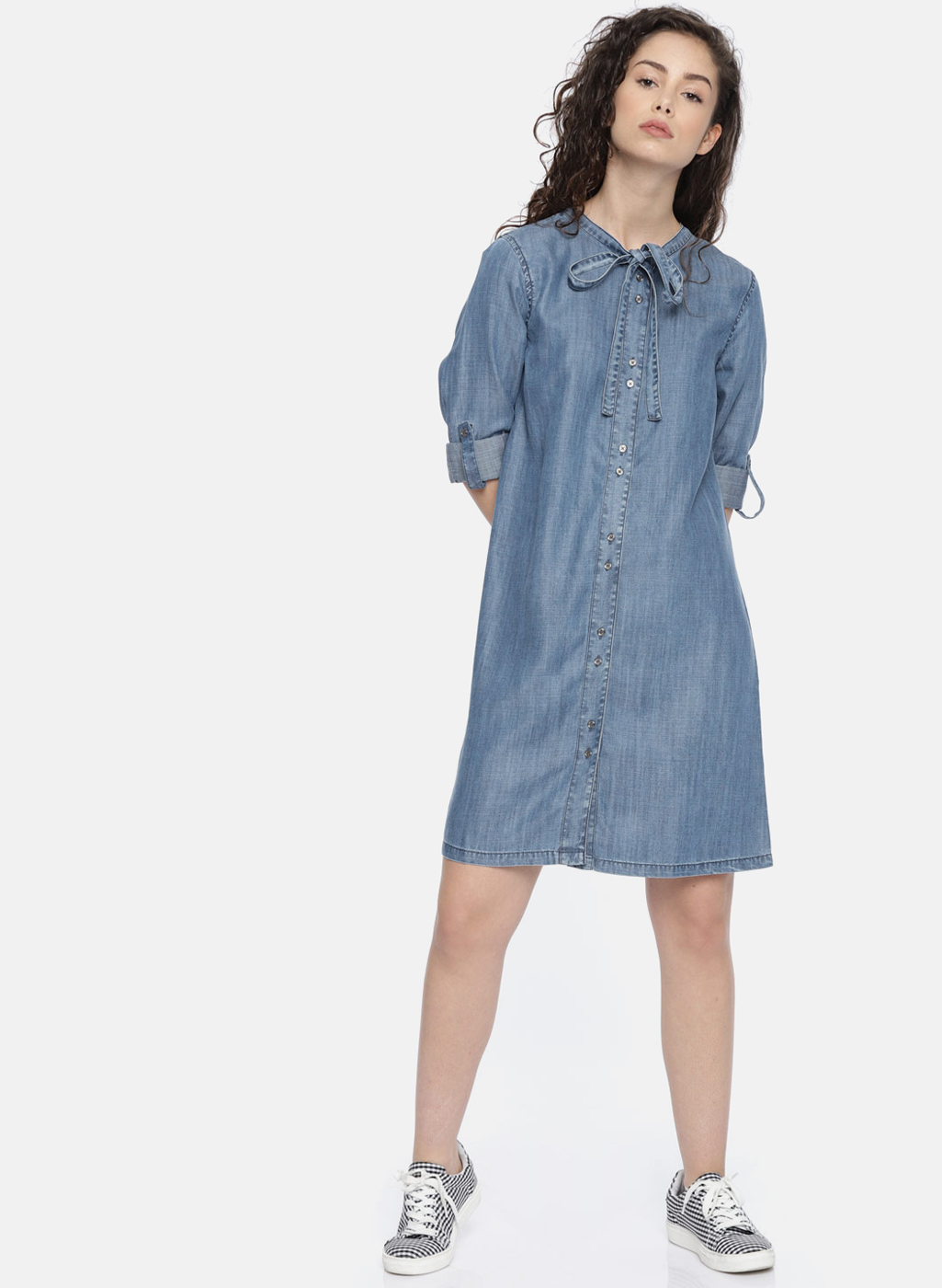 Blue Solid Denim Shirt Dress Price in India