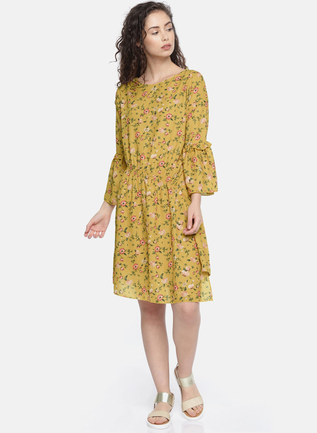 Mustard Yellow Printed Shift Dress Price in India