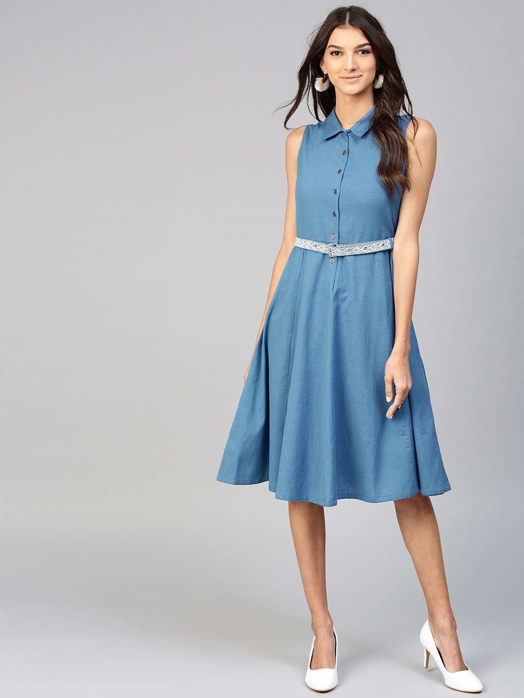 SASSAFRAS Women Blue Solid Shirt Dress ...